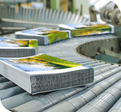 Books on a conveyer belt.